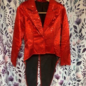 Greatest Showman Jacket. Red. Size Small/Medium. Sizes shown. Hair accessory too